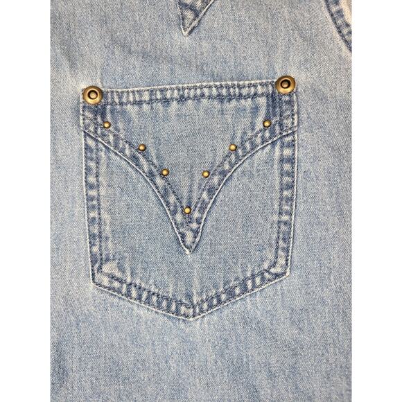 Adobe Rose Denim Western Sleeveless Horse Pearl Snaps Shirt Cowgirl Chic Studs - Picture 5 of 11